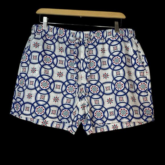 Liz Claiborne Women’s Medium Linen Shorts Blue White Tile Print Drawstring - Picture 1 of 6